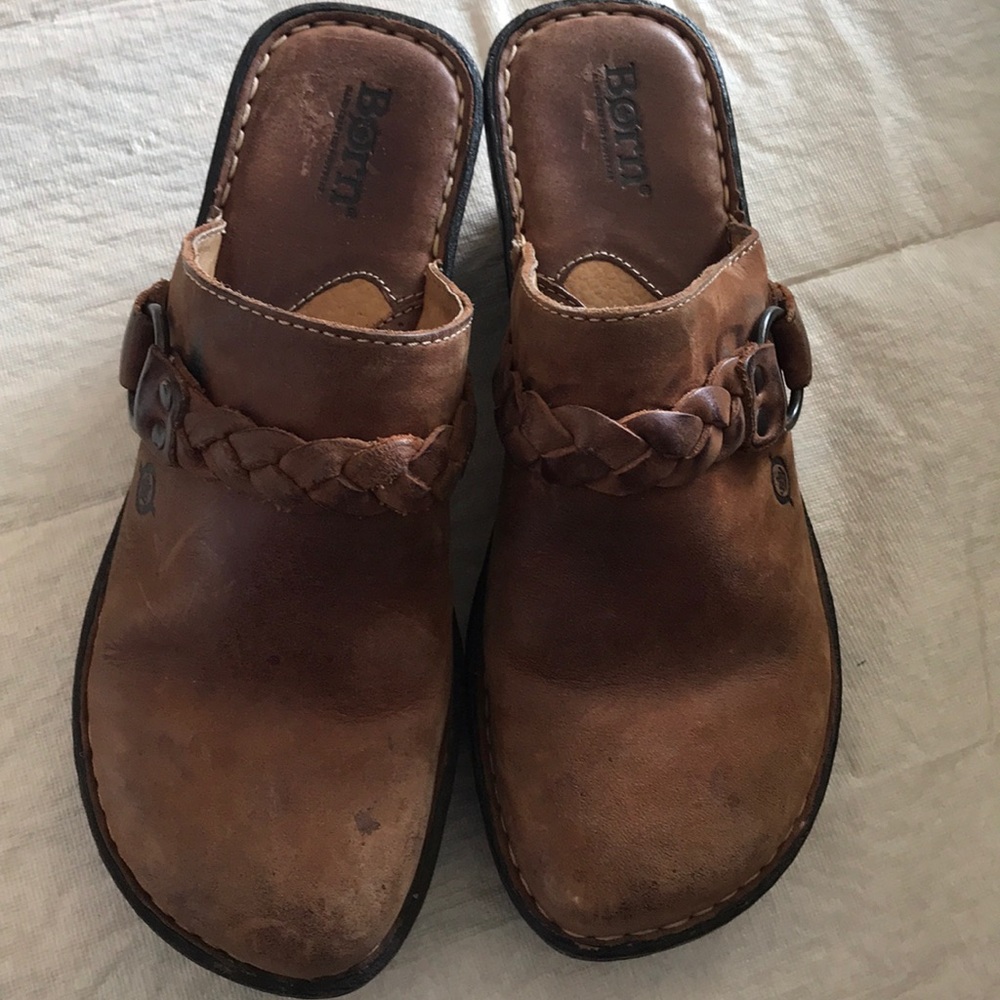 Born Brown Leather Wedge Clogs Size 8